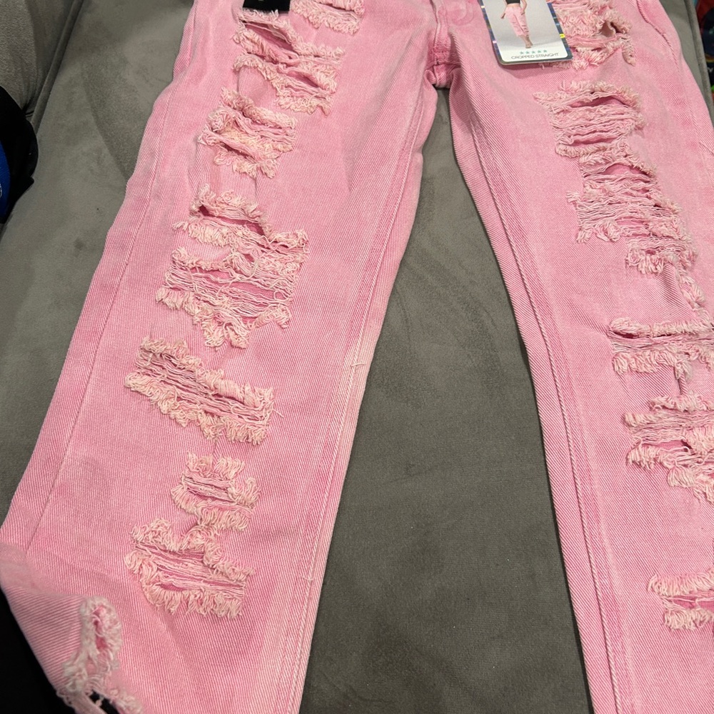 Pink Distressed Skinny Jeans with Frayed Details